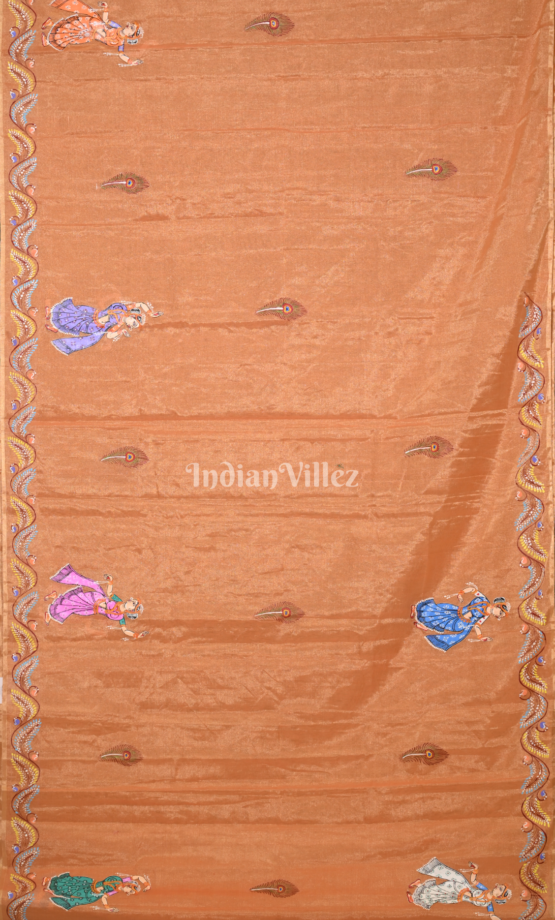 Light Orange Krishna Rasa Leela Hand-Painted Pattachitra Saree