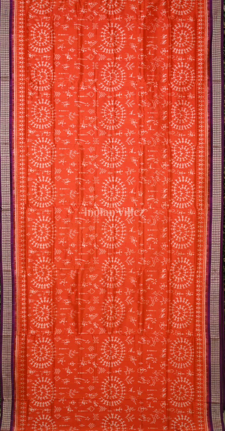 Orange Purple Tribal Theme Odisha Ikat Sambalpuri Silk Saree