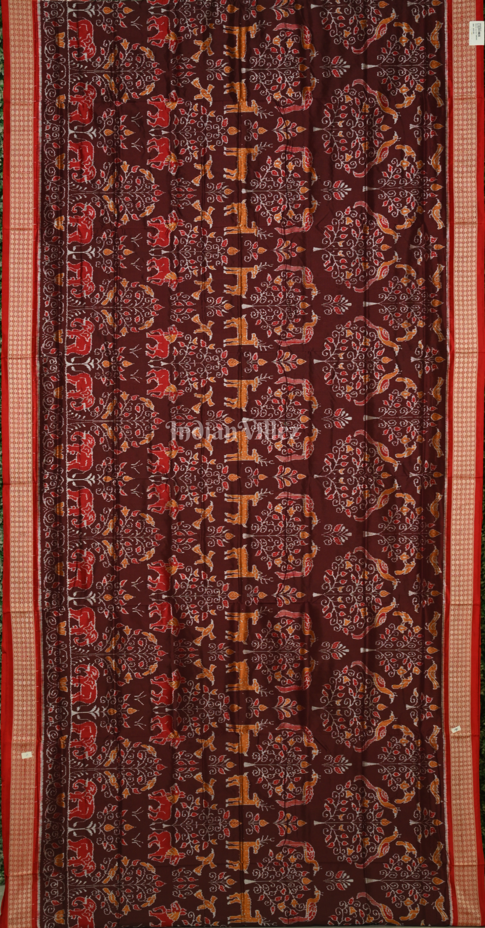 Coffee Maroon Jungle Theme Odisha Ikat Sambalpuri Silk Saree