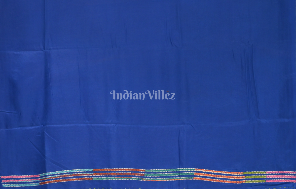 Royal Blue Flower Motif Handwoven Kantha Stitch Silk Saree 