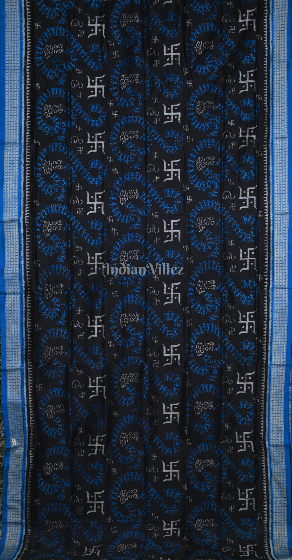 Black Blue Tribal with Swastik Motif Odisha Ikat Sambalpuri Silk Saree 