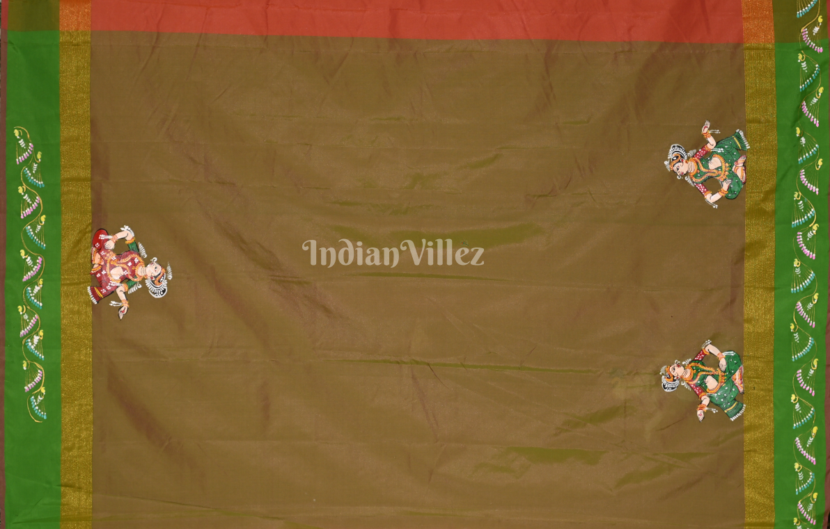 Orange Green Dual Tone Radha Krishna Doli Theme Hand-Painted Pattachitra Saree