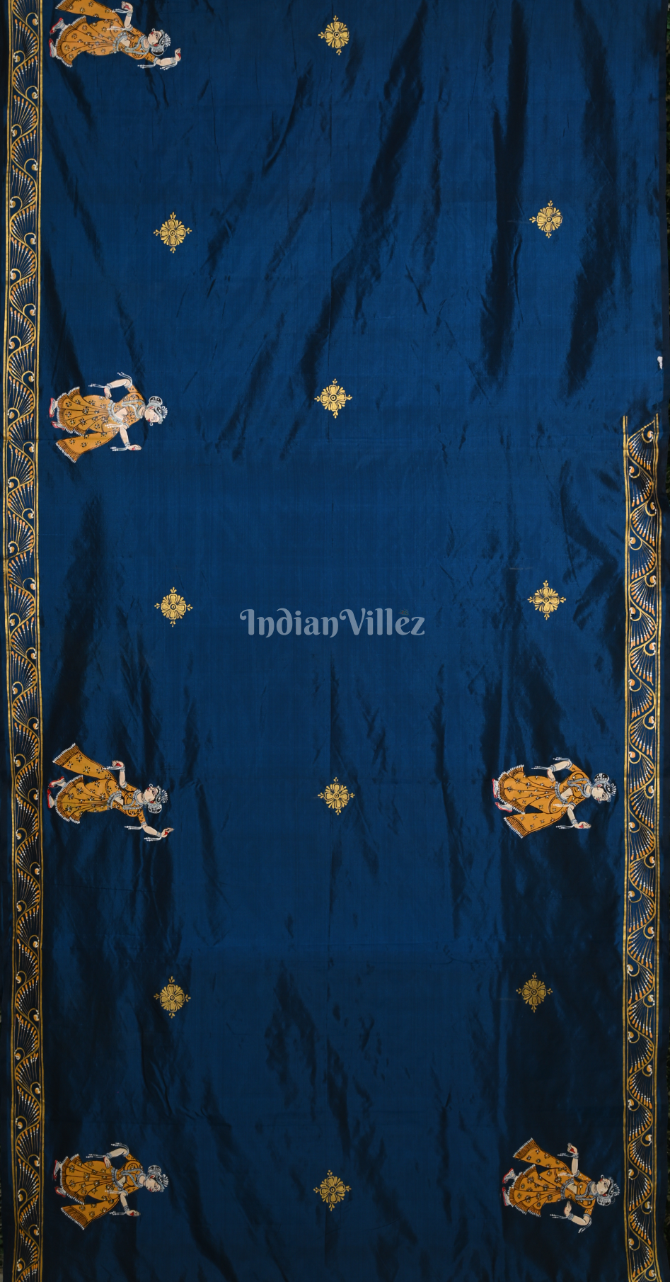 Blue Mustard Yellow Krishna Raas Hand-Painted Pattachitra Saree
