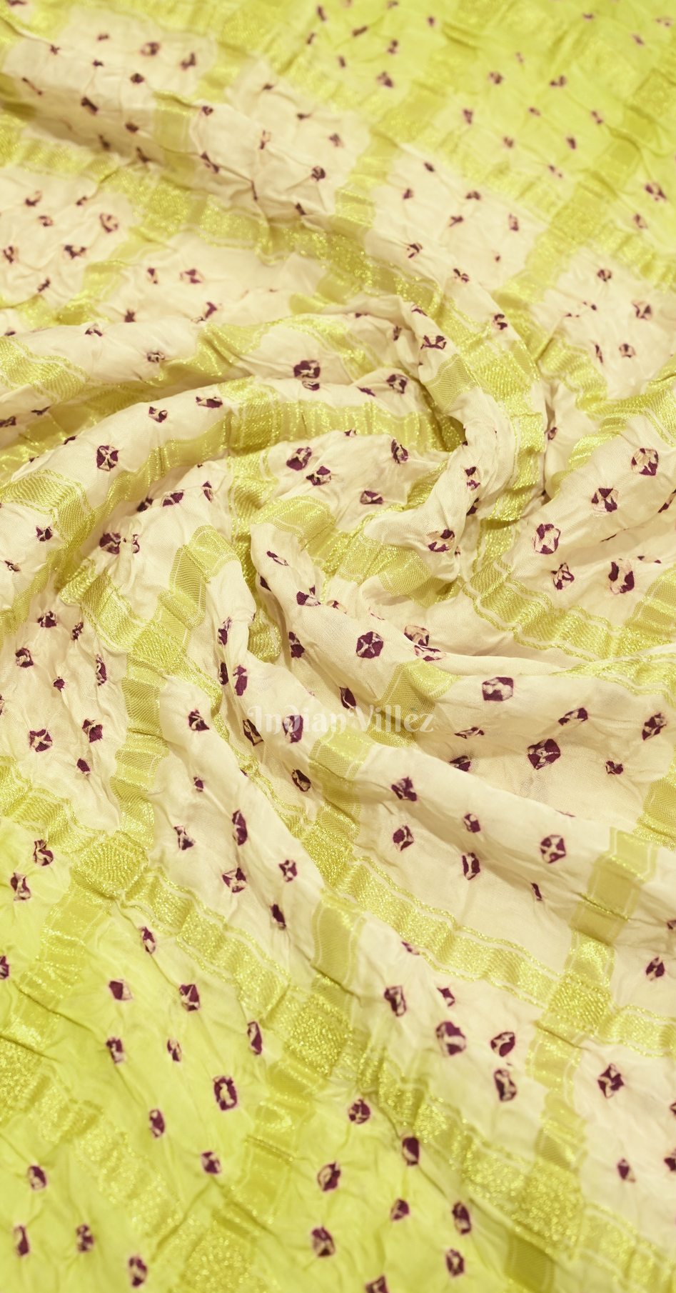White Lemon Green Bandhani Ghatchola Gaji Silk Saree with Zari Work