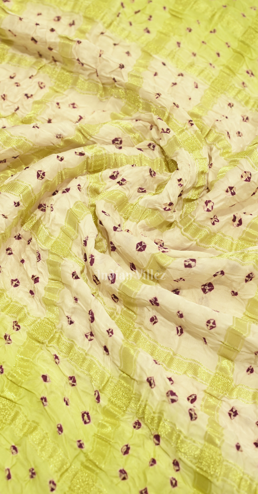 White Lemon Green Bandhani Ghatchola Gaji Silk Saree with Zari Work