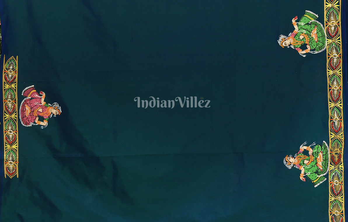 Peacock Blue Ardha Chandra Krishna Rasa Leela Hand-Painted Pattachitra Saree 