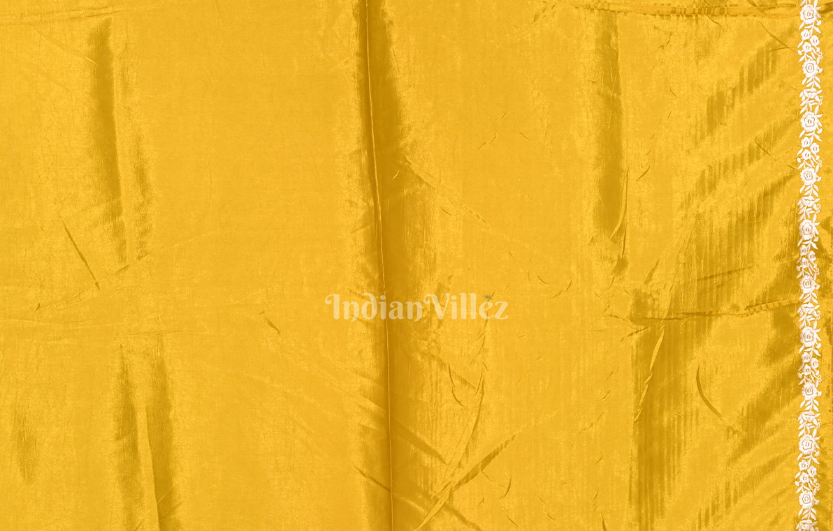 Yellow  Parsi Gara Satin Hand Embroidery  Saree 