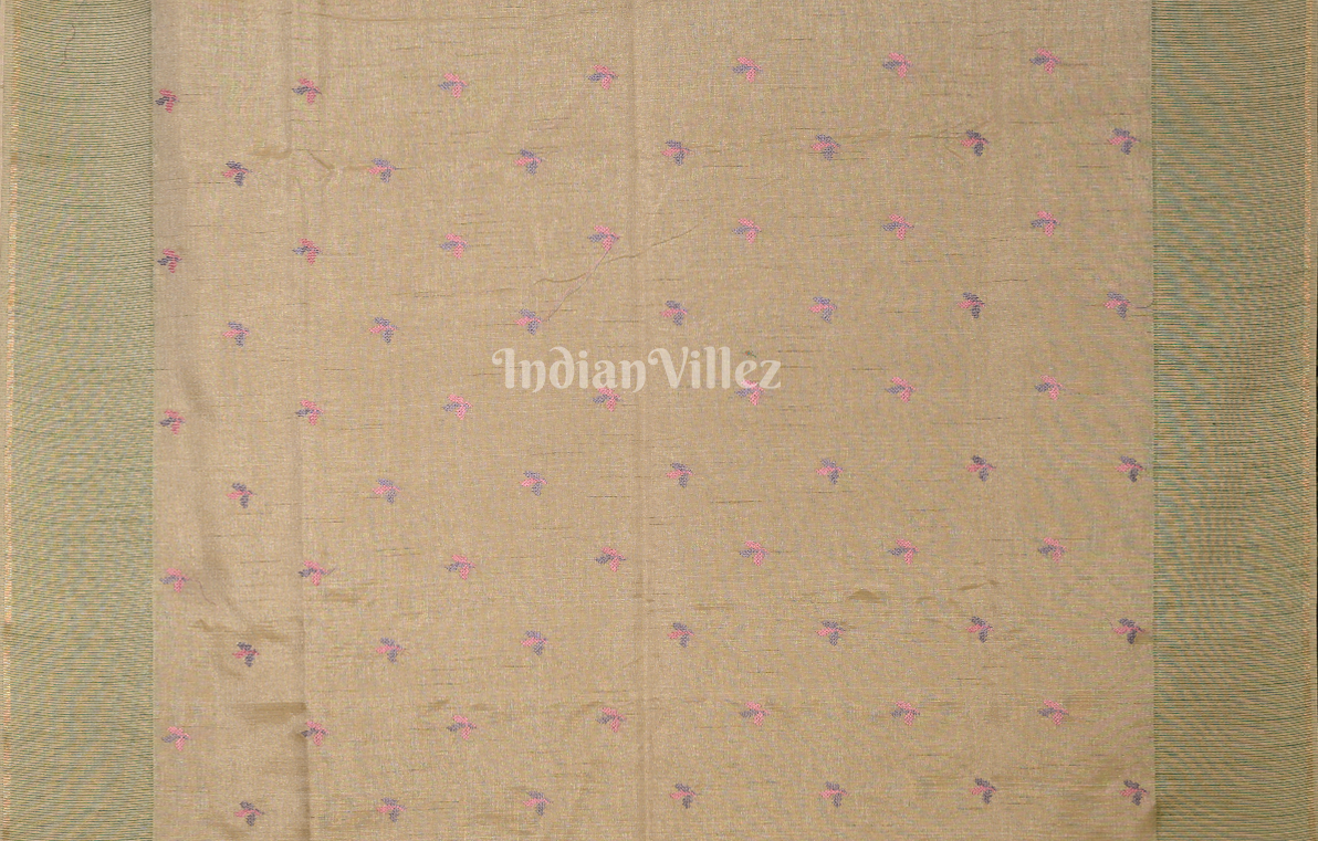  Green Beige Tusasr Silk Saree with Floral Embroidery Work 
