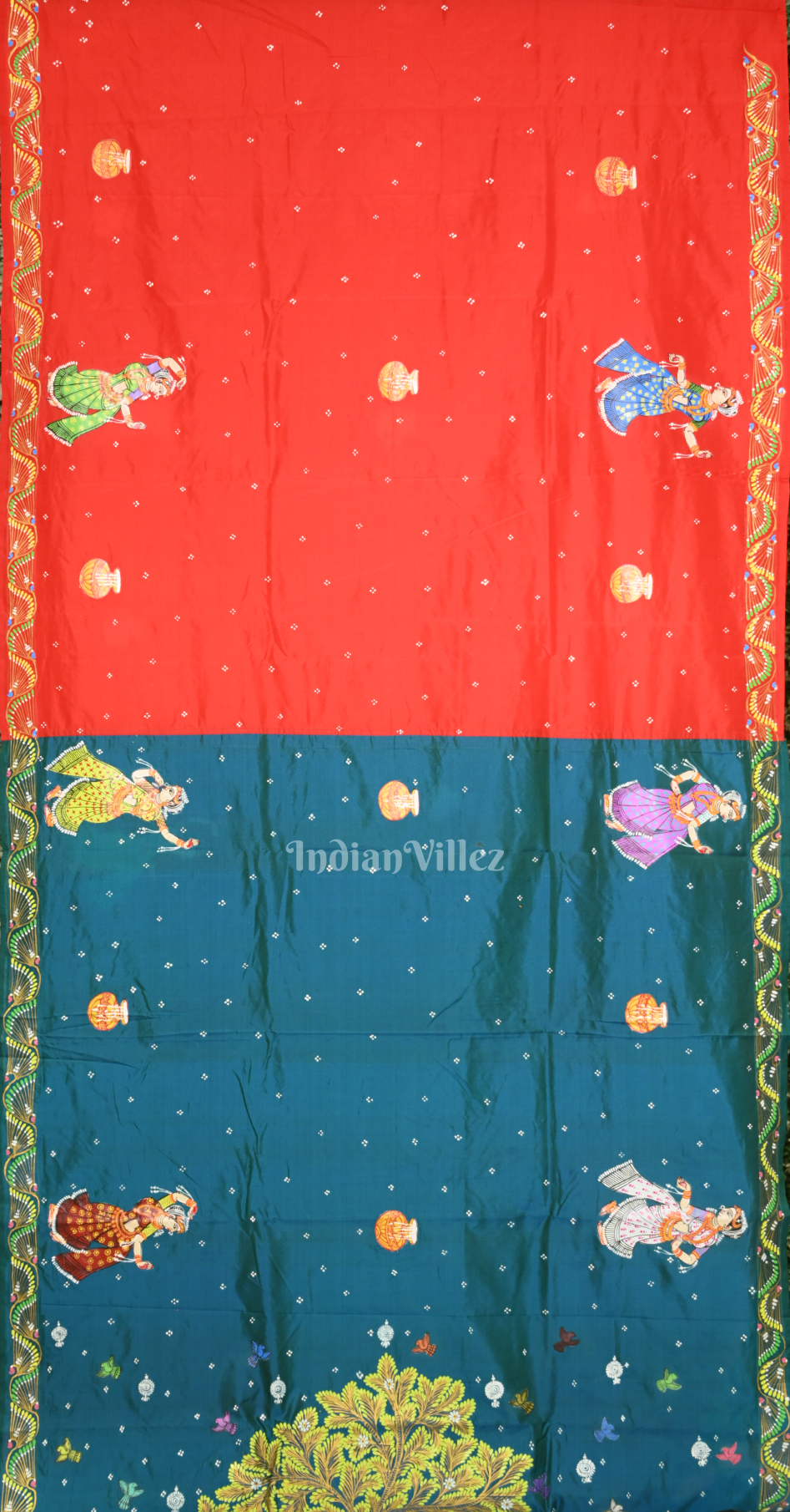 Red Peacock Blue (Mayur) & Nartaki Theme Dual Tone Hand-Painted Pattachitra Saree 
