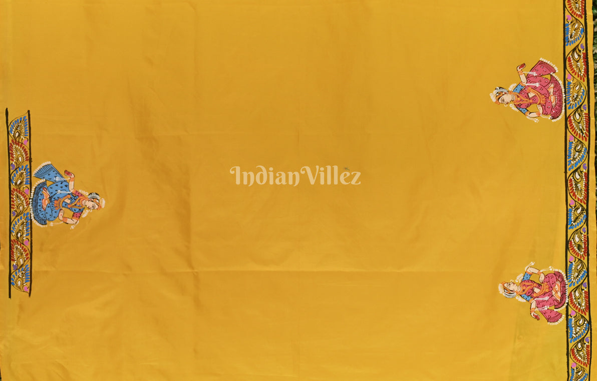 Mustard Yellow Ramayan Theme  Hand-Painted Pattachitra Saree 