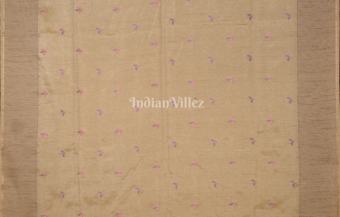 Dusty Brown Tusasr Silk Saree with  Floral Bird Embroidery Work 