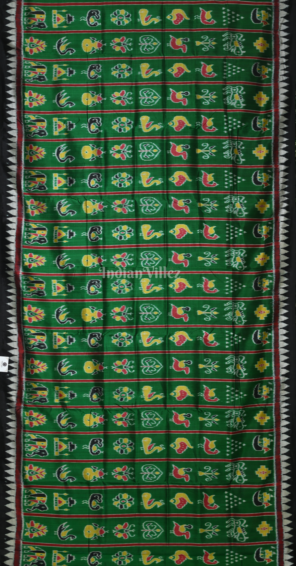 Green Black Nabakothi Odisha Ikat Khandua Silk Saree with  Pecock Elephant Chandua Anchal 