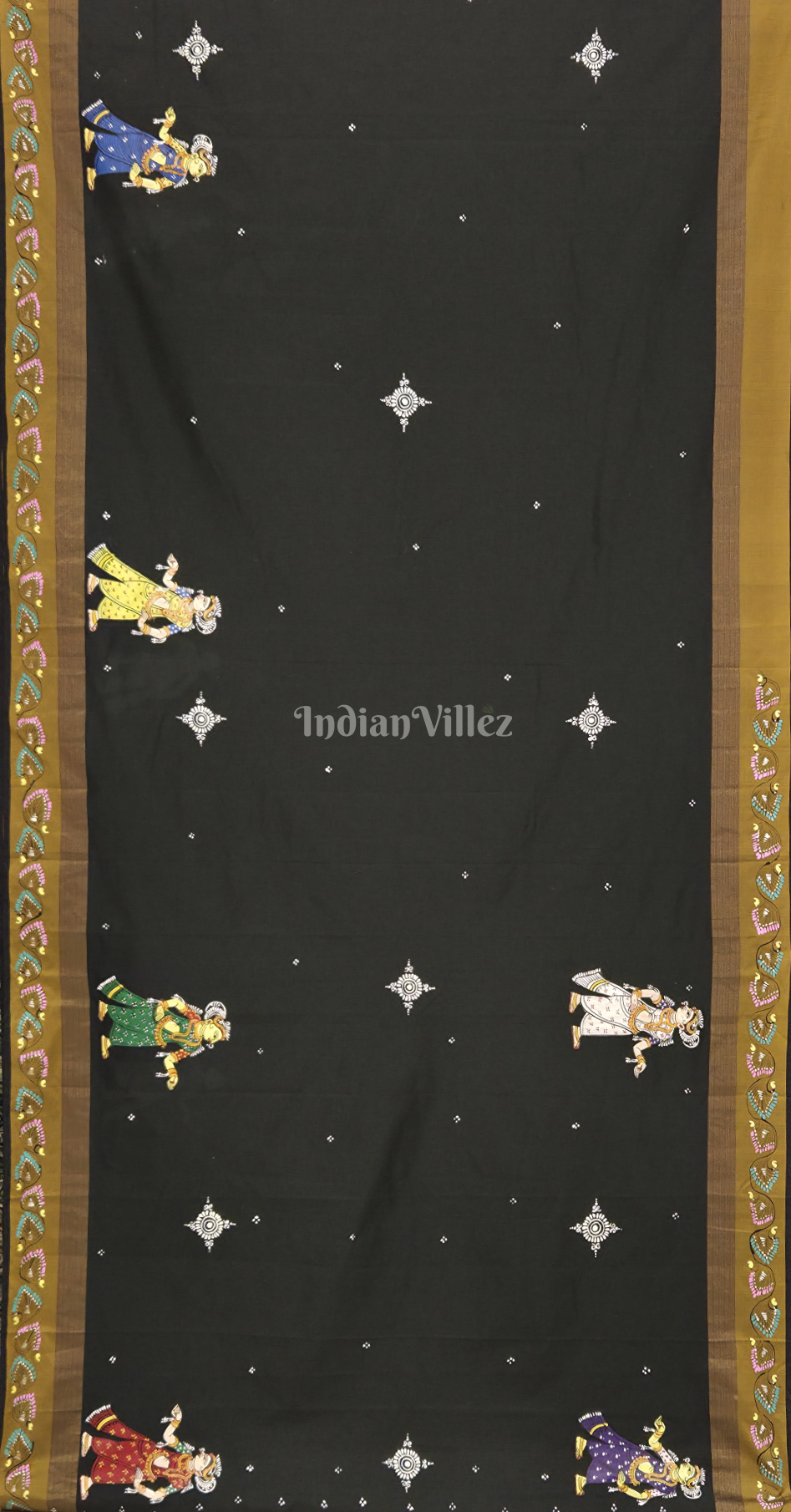Bottle Green Giri Govardhan Theme Hand-Painted Pattachitra Saree