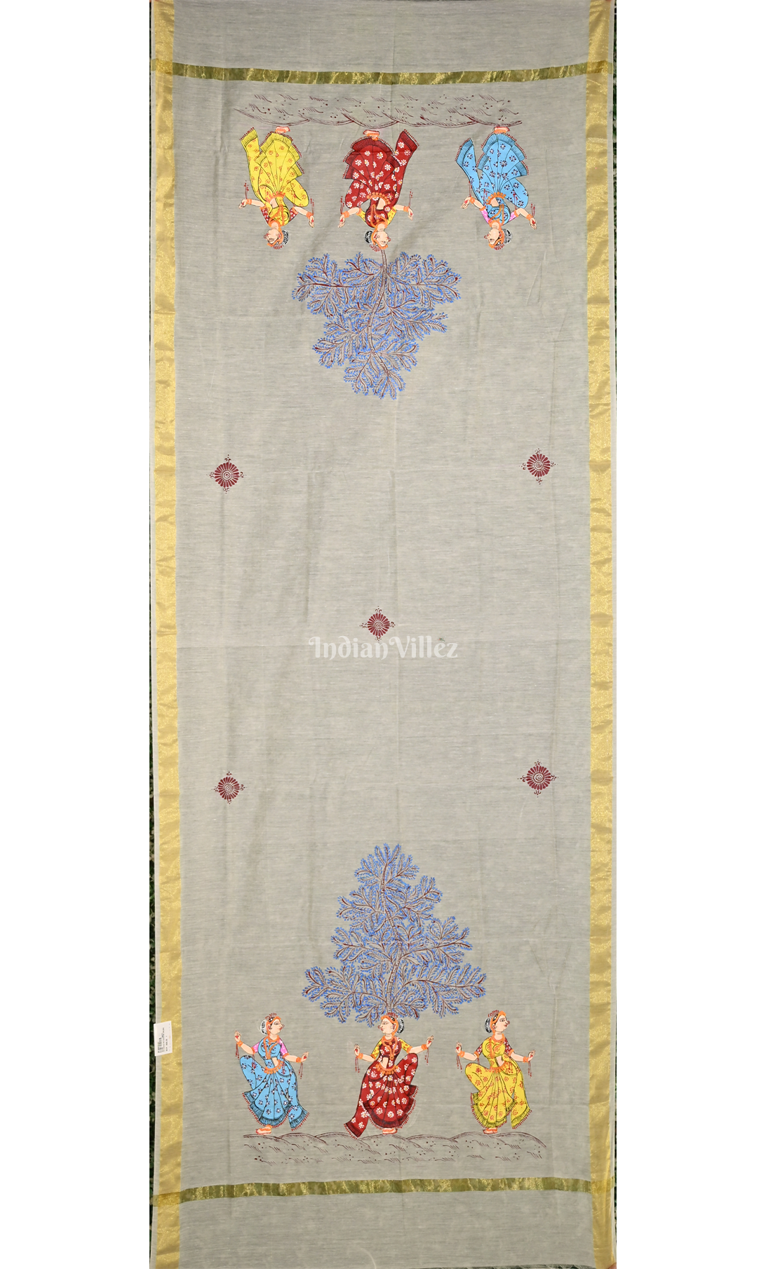 White 3 Dancers Dandiya Hand-Painted Pattachitra Chanderi Dupatta
