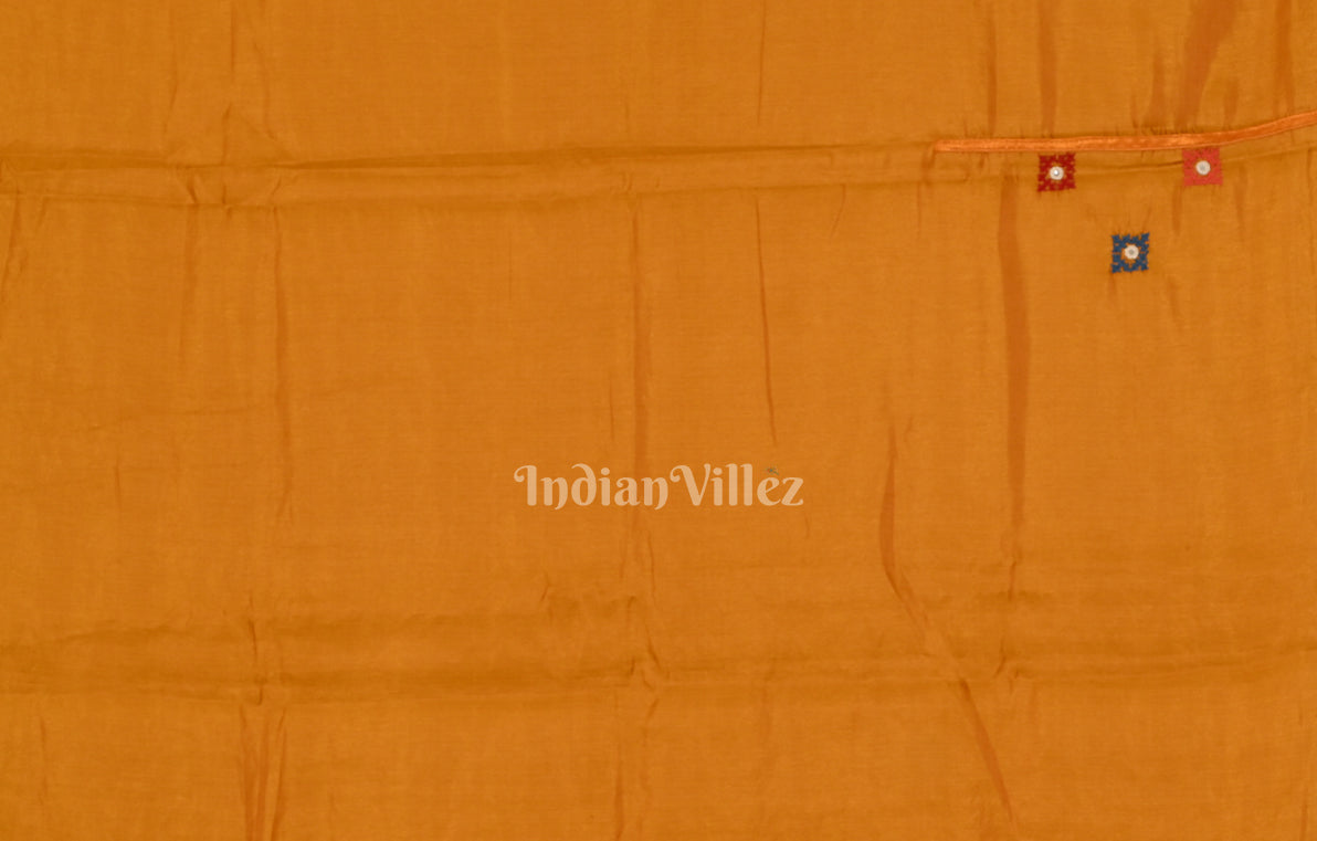 Mustard Yellow Thread Work Hand Embroidery Kutch Work Silk Saree