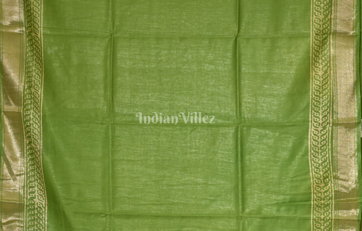 Green Block Printed Cotton Saree 