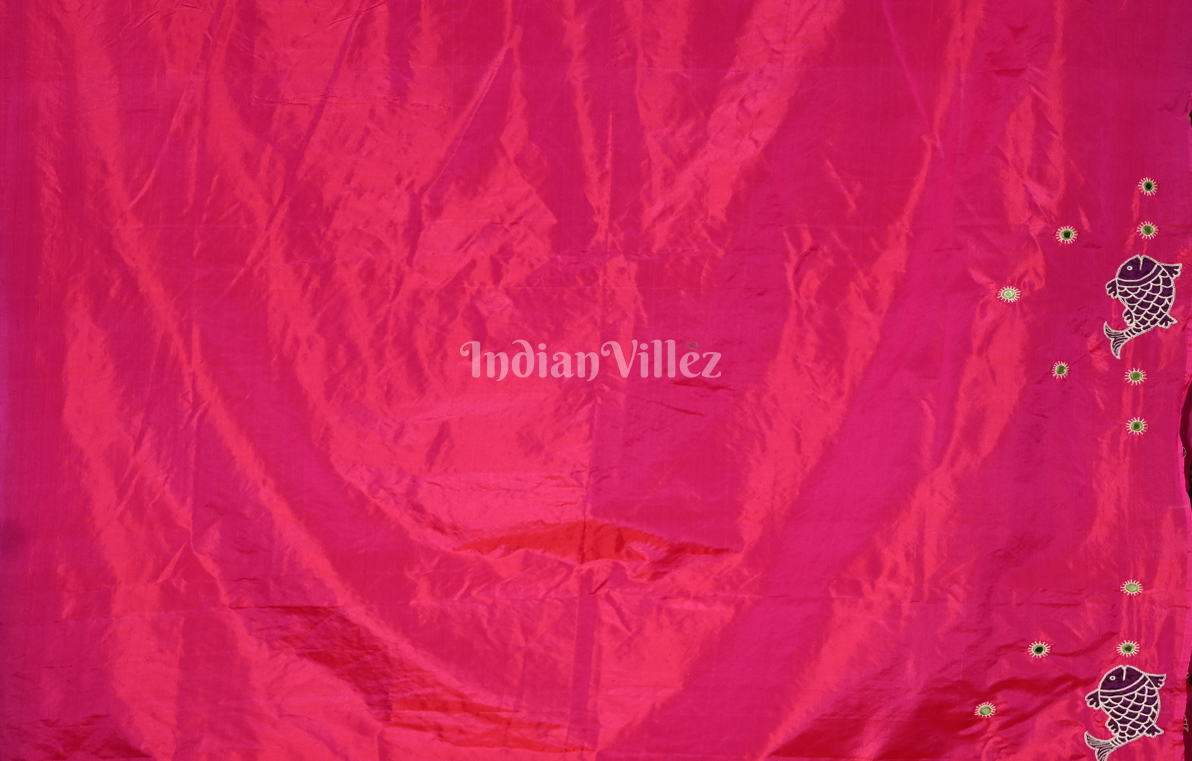 Rani Pink Green Hand Embroidered Applique Work Saree 