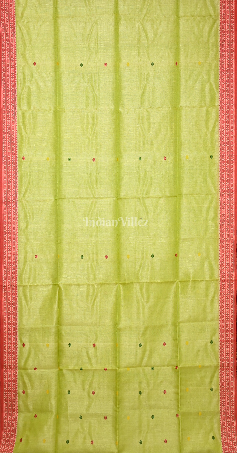 Lime Green Red Buti Design Tussar Silk Jamdani Saree 