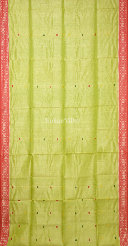 Lime Green Red Buti Design Tussar Silk Jamdani Saree 