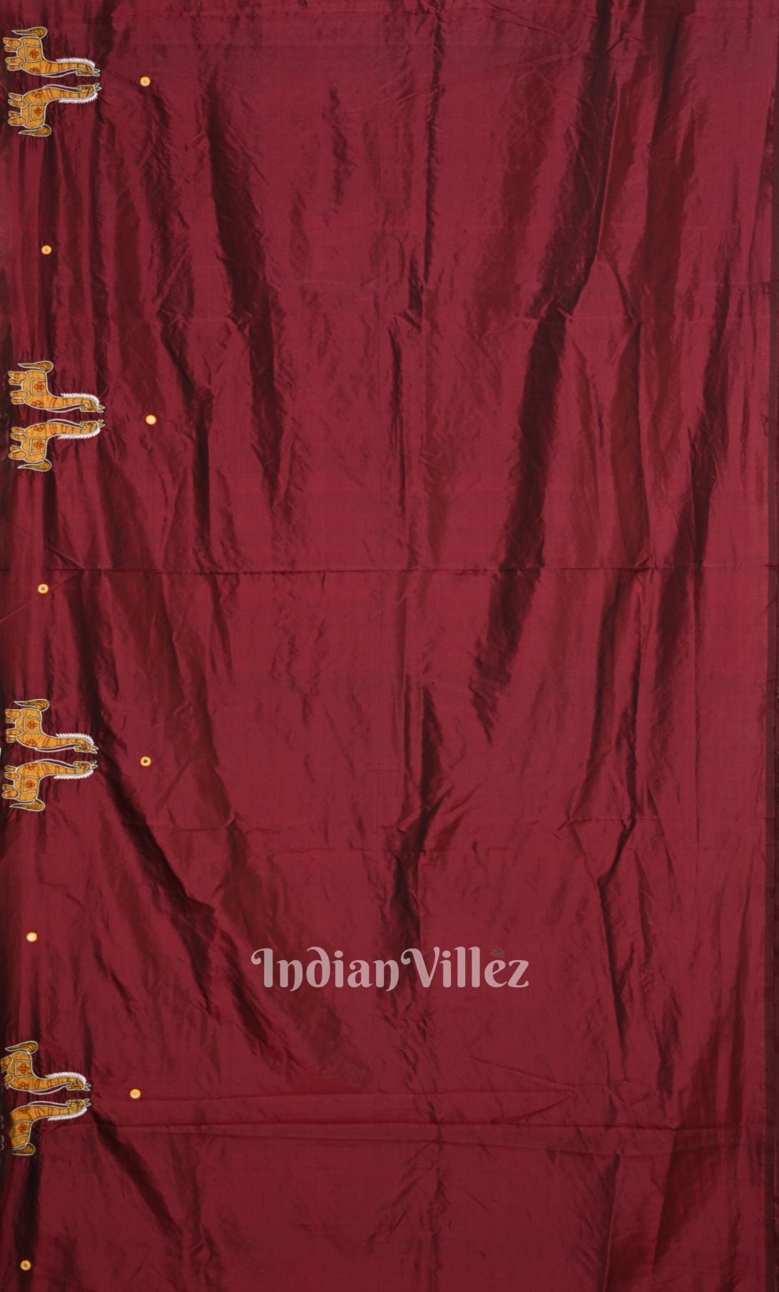 Mustard Yellow Maroon Applique Work Hand Embroidered Saree 