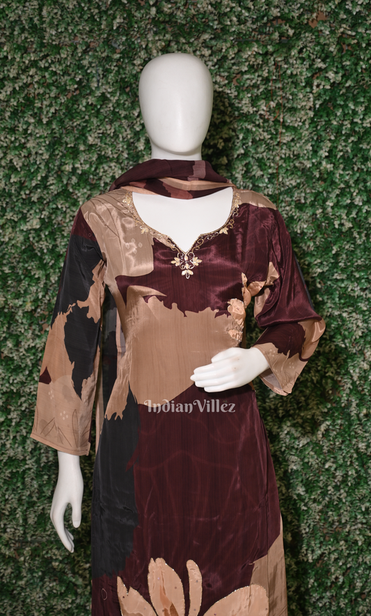  Maroon Abstract Floral Print Kurta Plazzoo with Dupatta se
