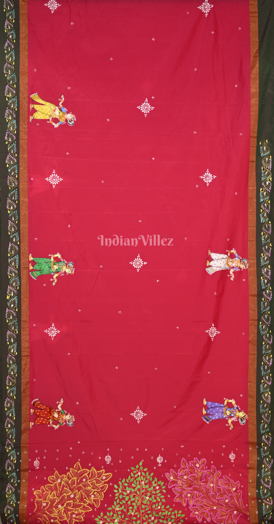 Rani Pink Brown Radha Krishna Raas Hand-Painted Pattachitra Saree 