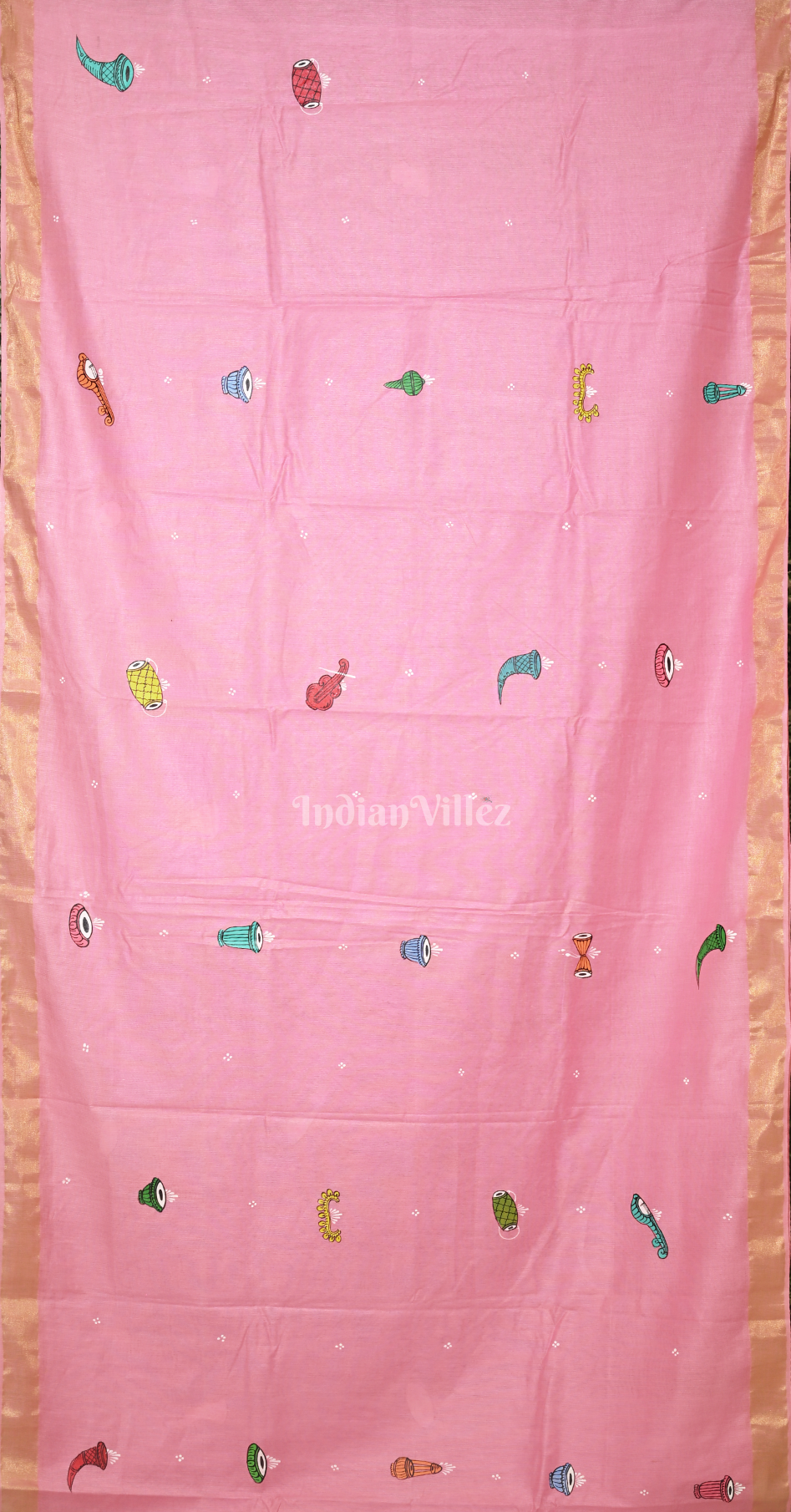 Baby Pink Musical Theme Hand-Painted Pattachitra Saree 