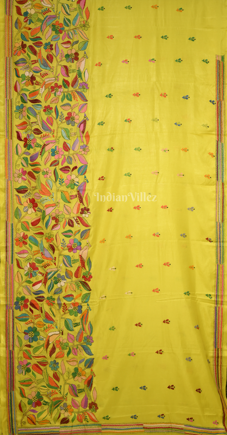 Light Yellow Flower Motif Kantha Stitch Silk Saree