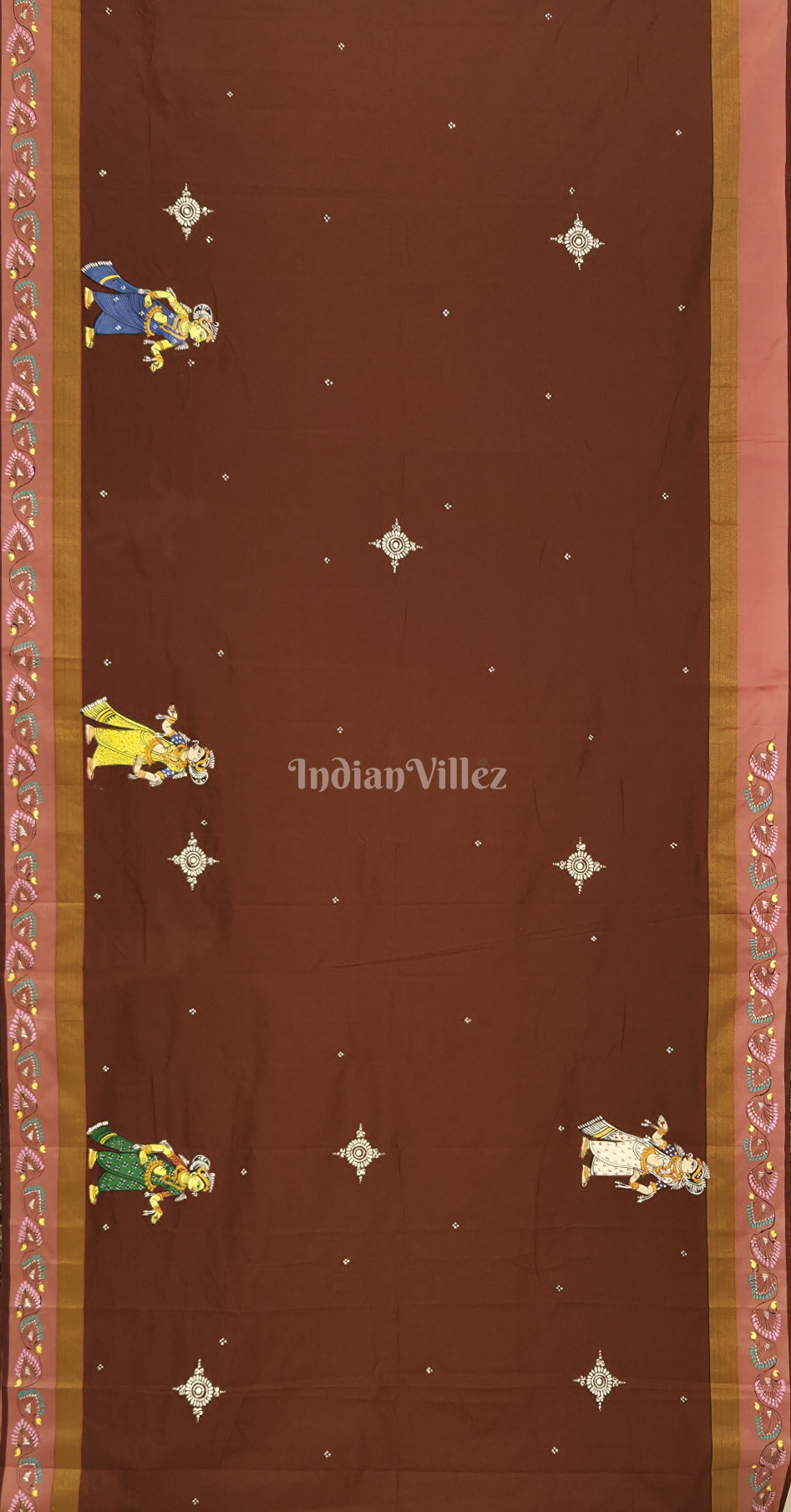 Chocolate Brown Ardha Chandra Krishna Rasa Leel  Hand-Painted Pattachitra Saree