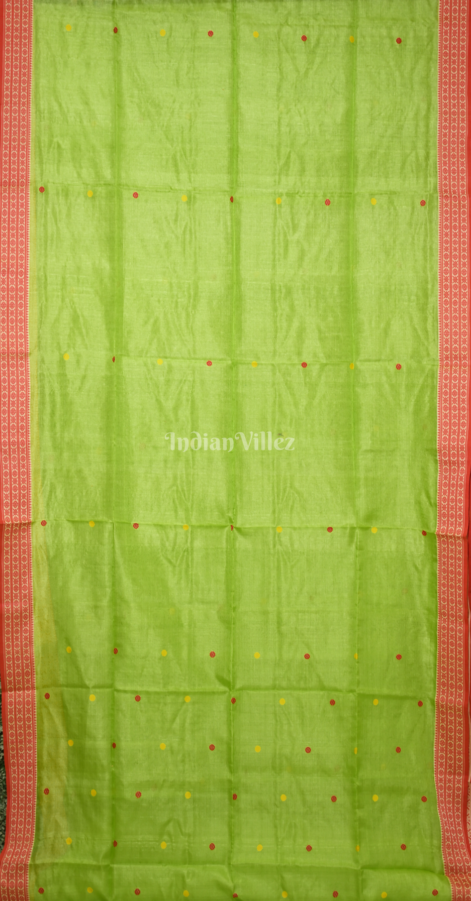 Parrot Green Red Buti Design Tussar Silk Jamdani Saree 