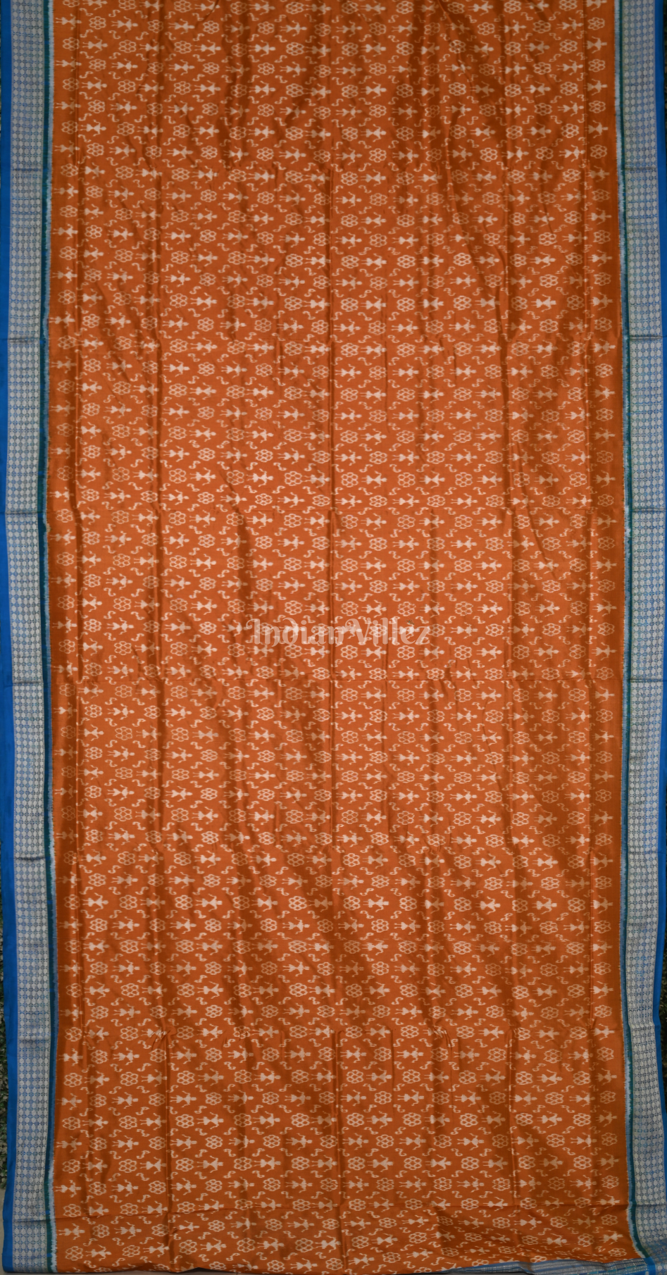 Rust Orange Blue Tribal Theme Odisha Ikat Sambalpuri Silk Saree