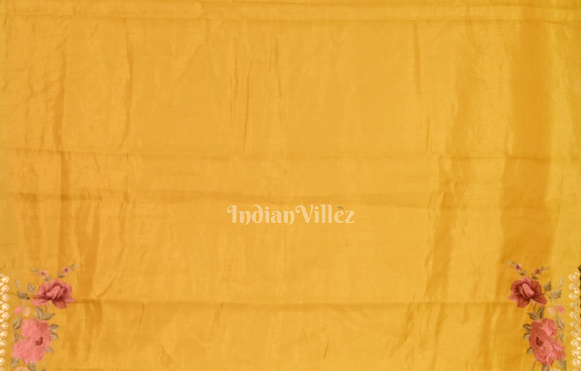 Yellow Mirror Tussar Silk Saree With Floral Hand Embroidery