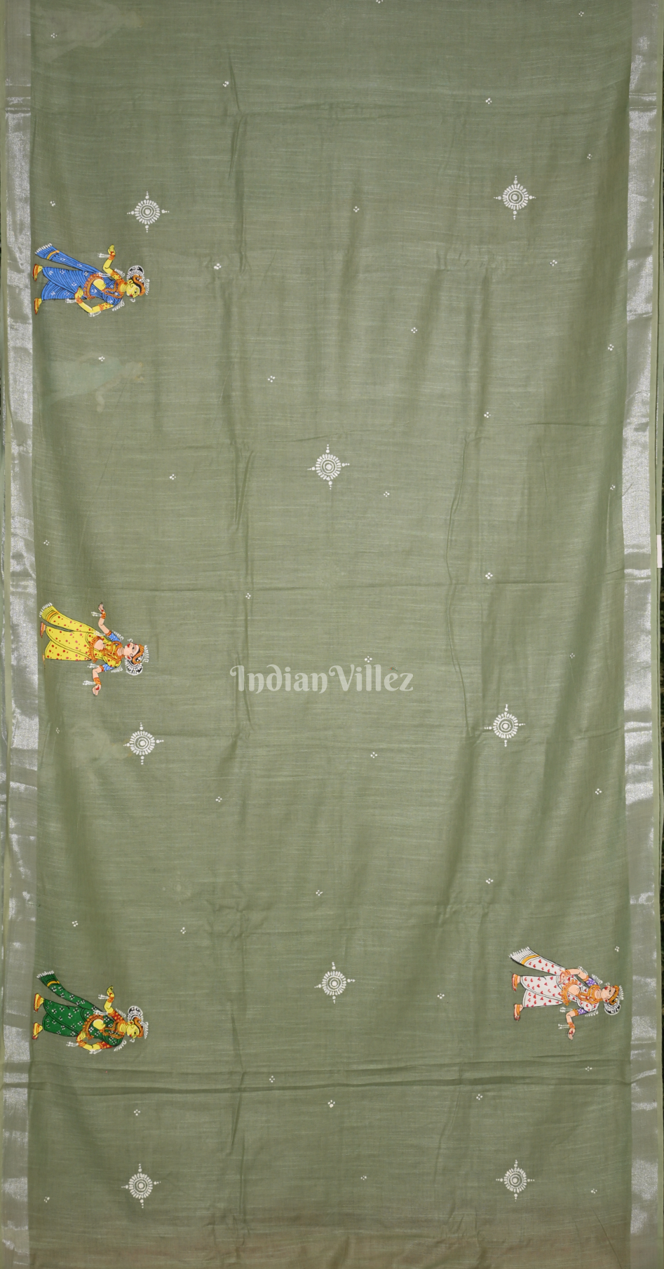 Olive Green Krishna Rasa Leela Hand-Painted Pattachitra Saree