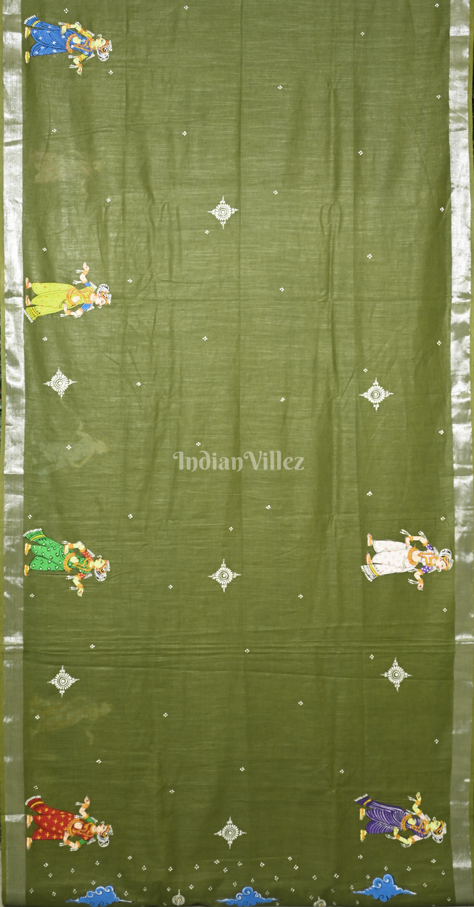 Mehendi Green Ardha Chandra Krishna Rasa Leela Hand-Painted  Pattachitra Saree(Linen) 