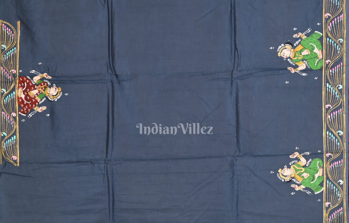 Grey Raja Doli Theme Hand-Painted Pattachitra Saree