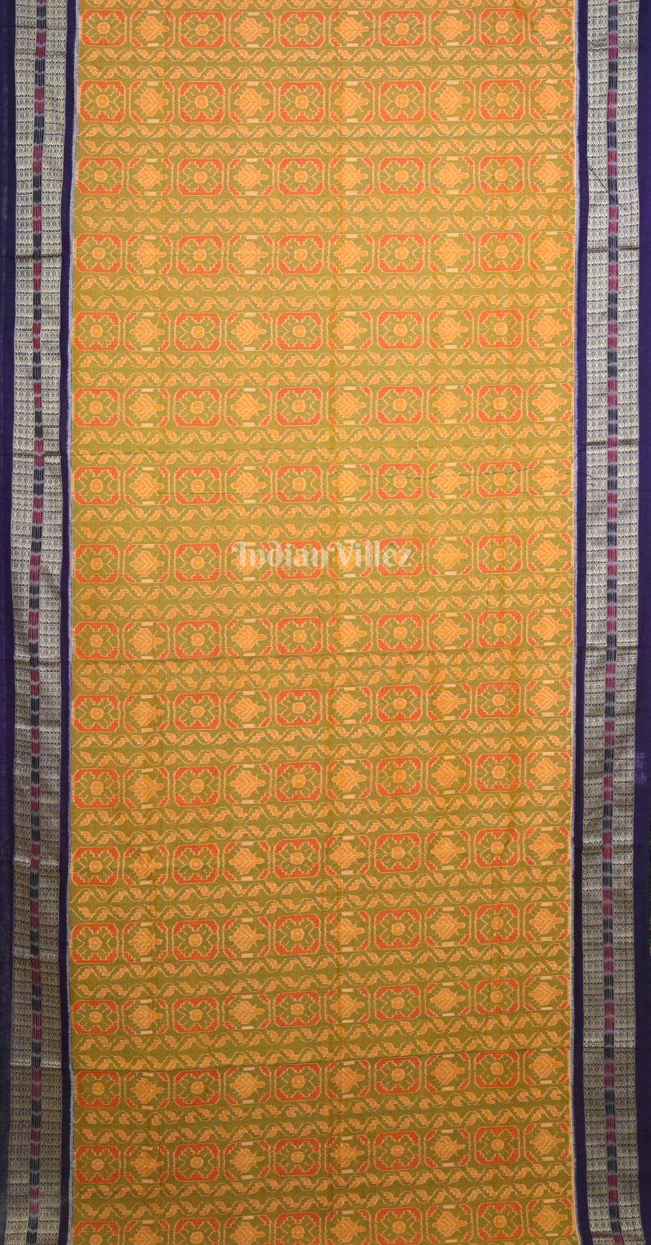 Mustard Yellow Purple Floral Motif Odisha Ikat Sambalpuri Cotton Saree 