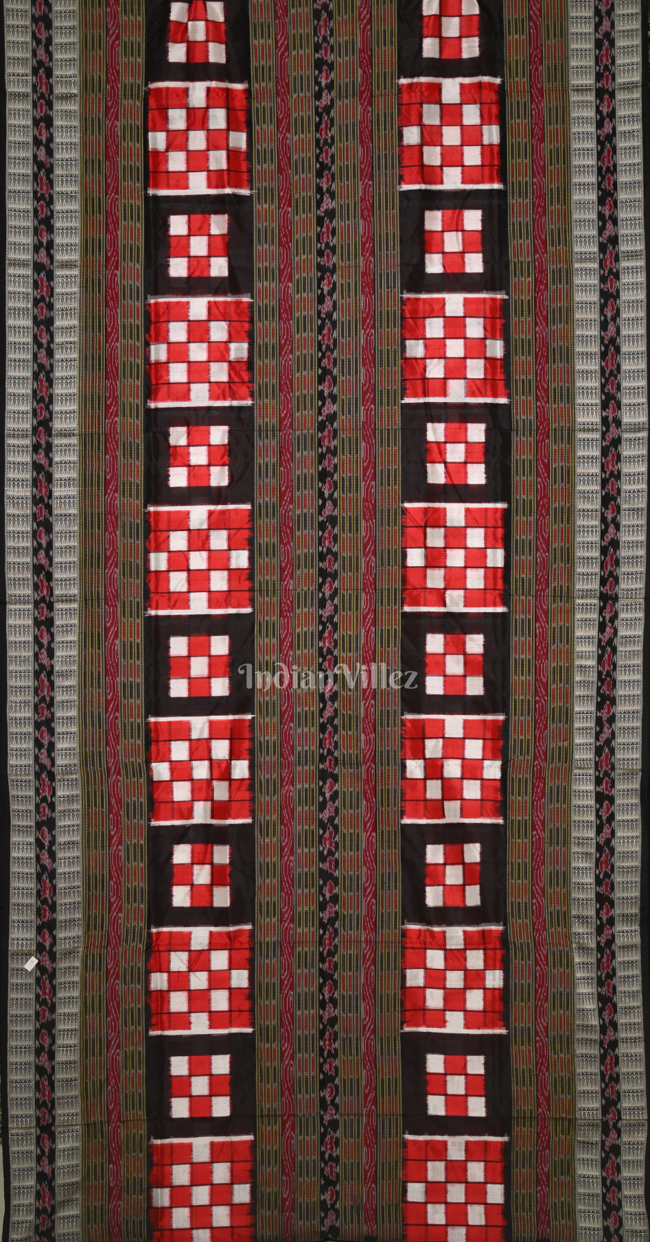 Red Black White Checks Bichitrapuri Odisha Ikat Sambalpuri Silk Saree 