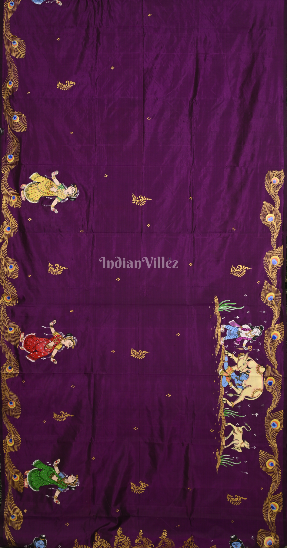 Purple Krishna Janmashtami Theme  Hand-Painted Pattachitra Saree 