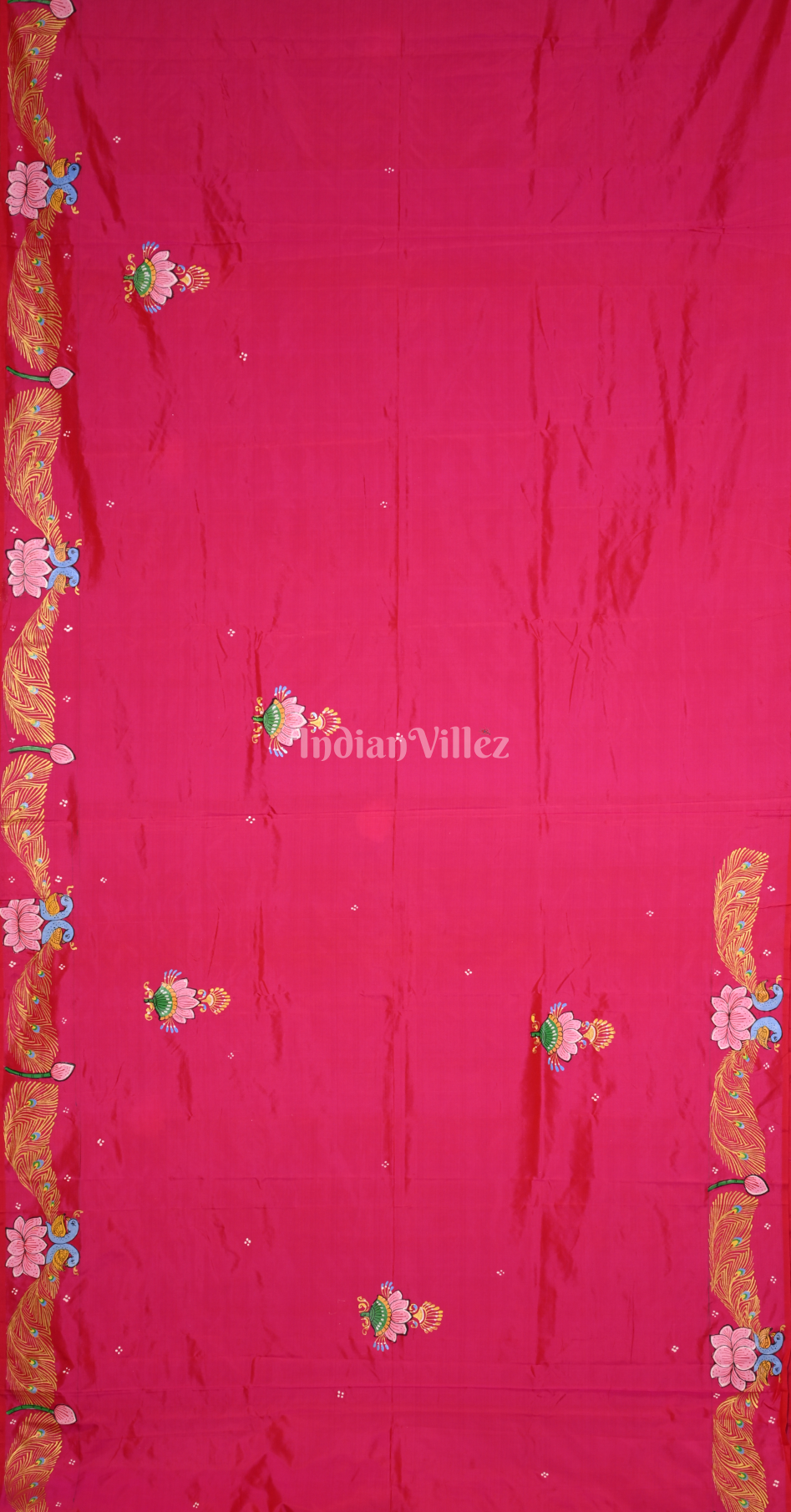Rani Pink Krishna Boita Theme Hand-Painted Pattachitra Saree