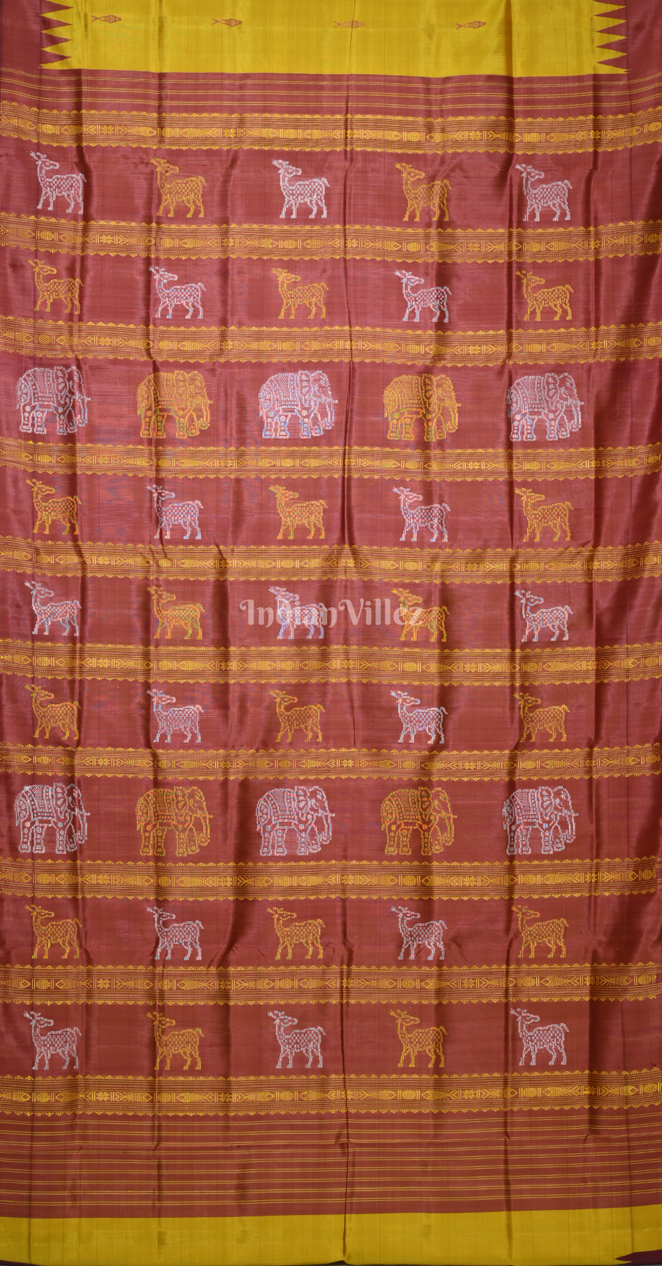 Mustard Yellow Fish Motif Double Pallu Berhampuri Silk Saree 