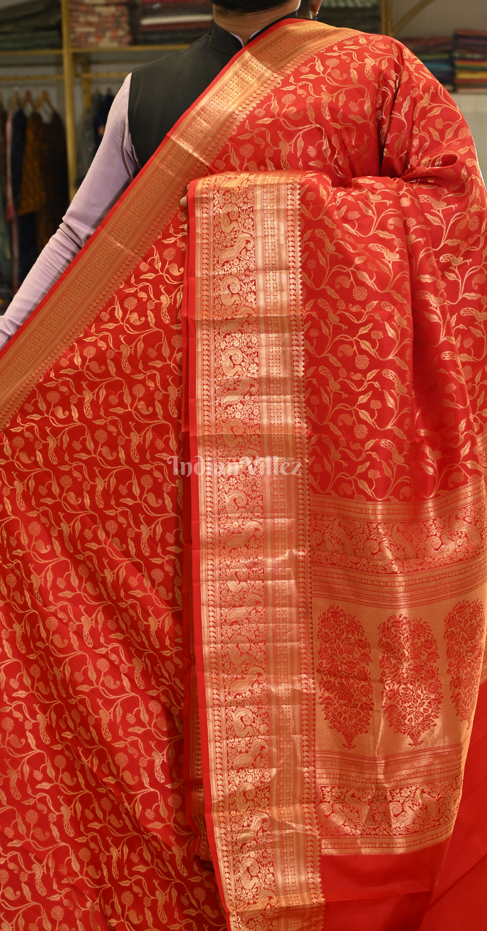 Exclusive Coral Red All-Over Floral Brocade Pure Kanjivaram Silk Saree  