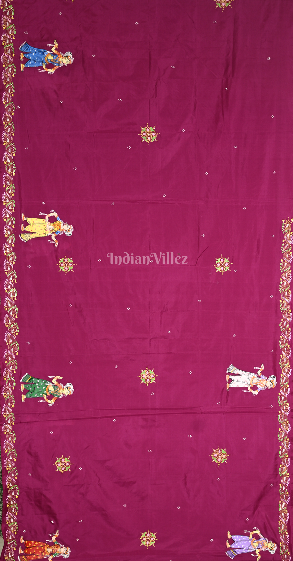 Magenta Pink Radha Krishna Raas Leela Hand-Painted Pattachitra Saree 
