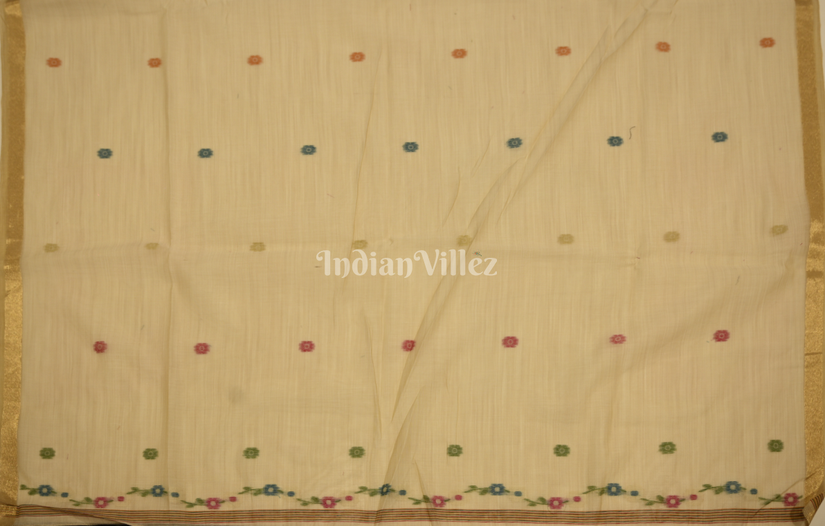 Beige Munga Cotton Saree with Floral Weaving Pallu