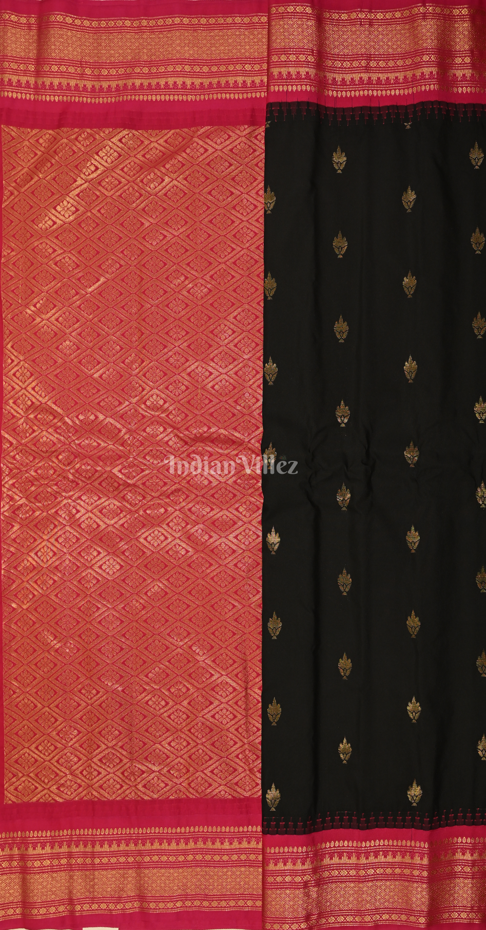 Black Red Butti Design Pure Gadwal Silk Saree