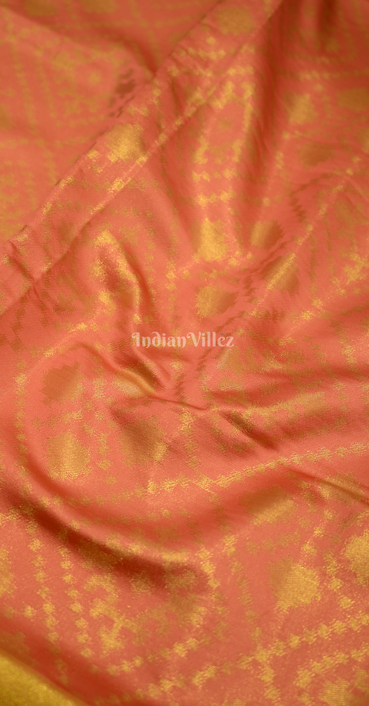 Orange Yellow Pure Zari Base Chaap Hand Woven Kanjivaram Silk Saree 