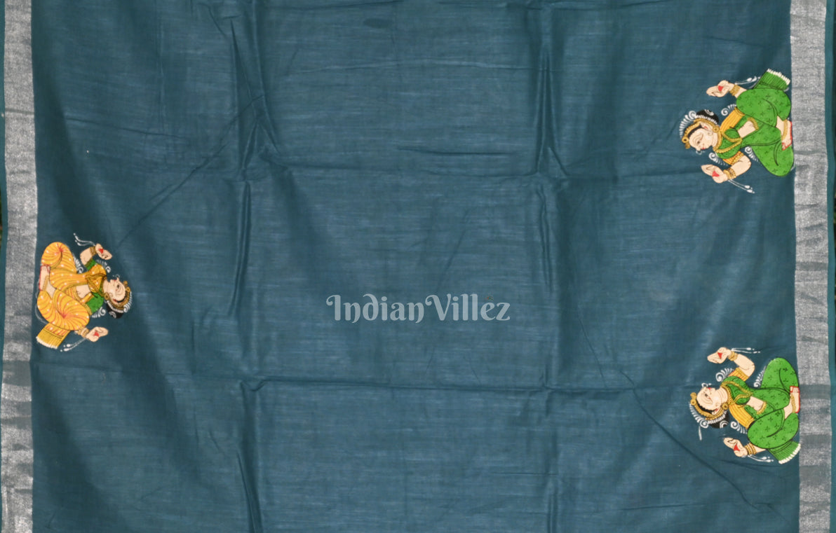 Peacock Blue Raja Doli Theme Hand-Painted Pattachitra Saree