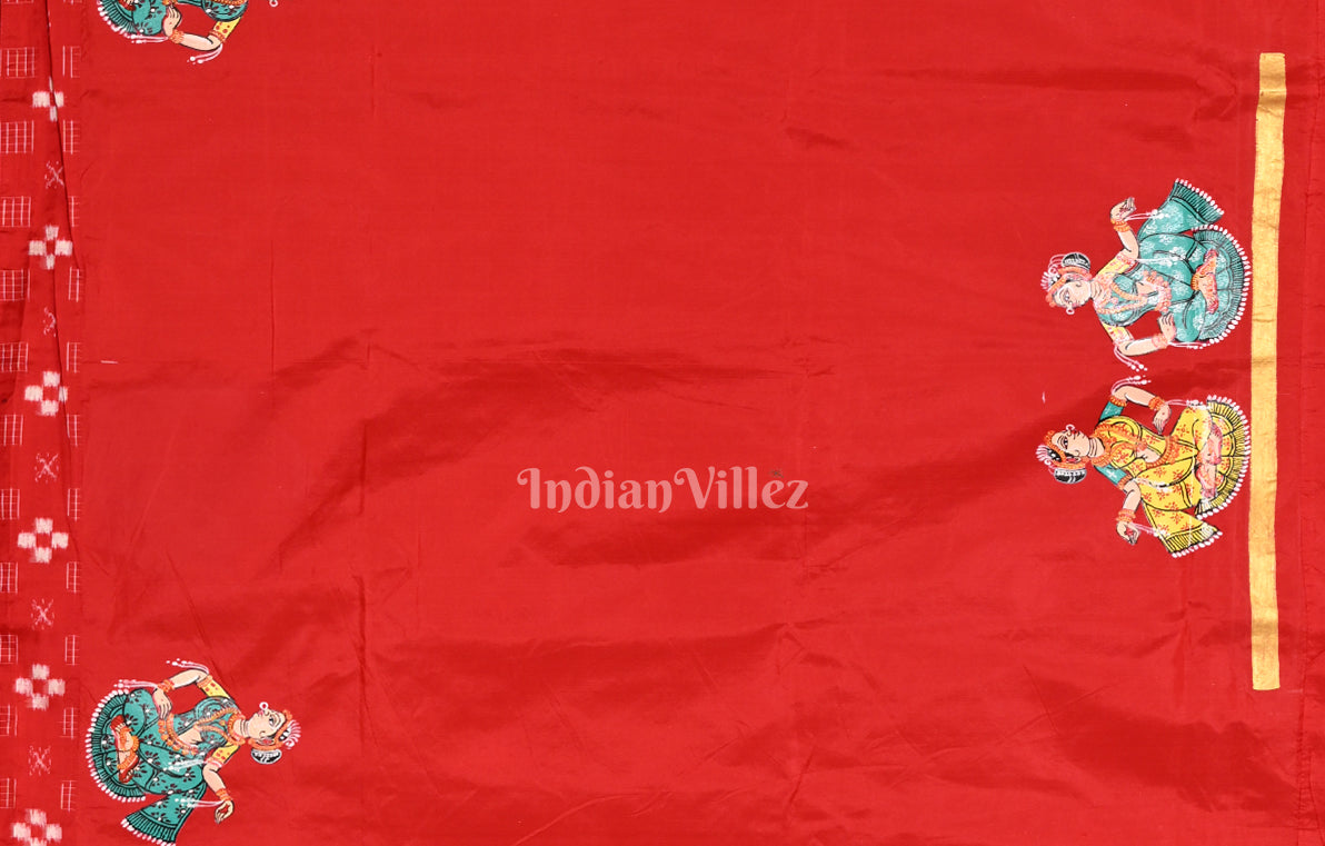 Red Radha Krishna Village Theme Pattachitra Saree 