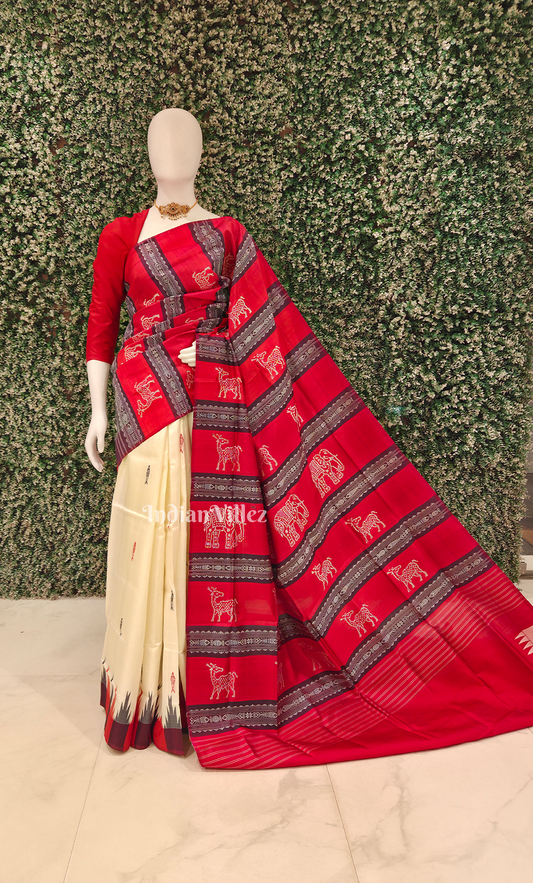 White Red Black Fish Motif Double Pallu Berhampuri Silk Saree
