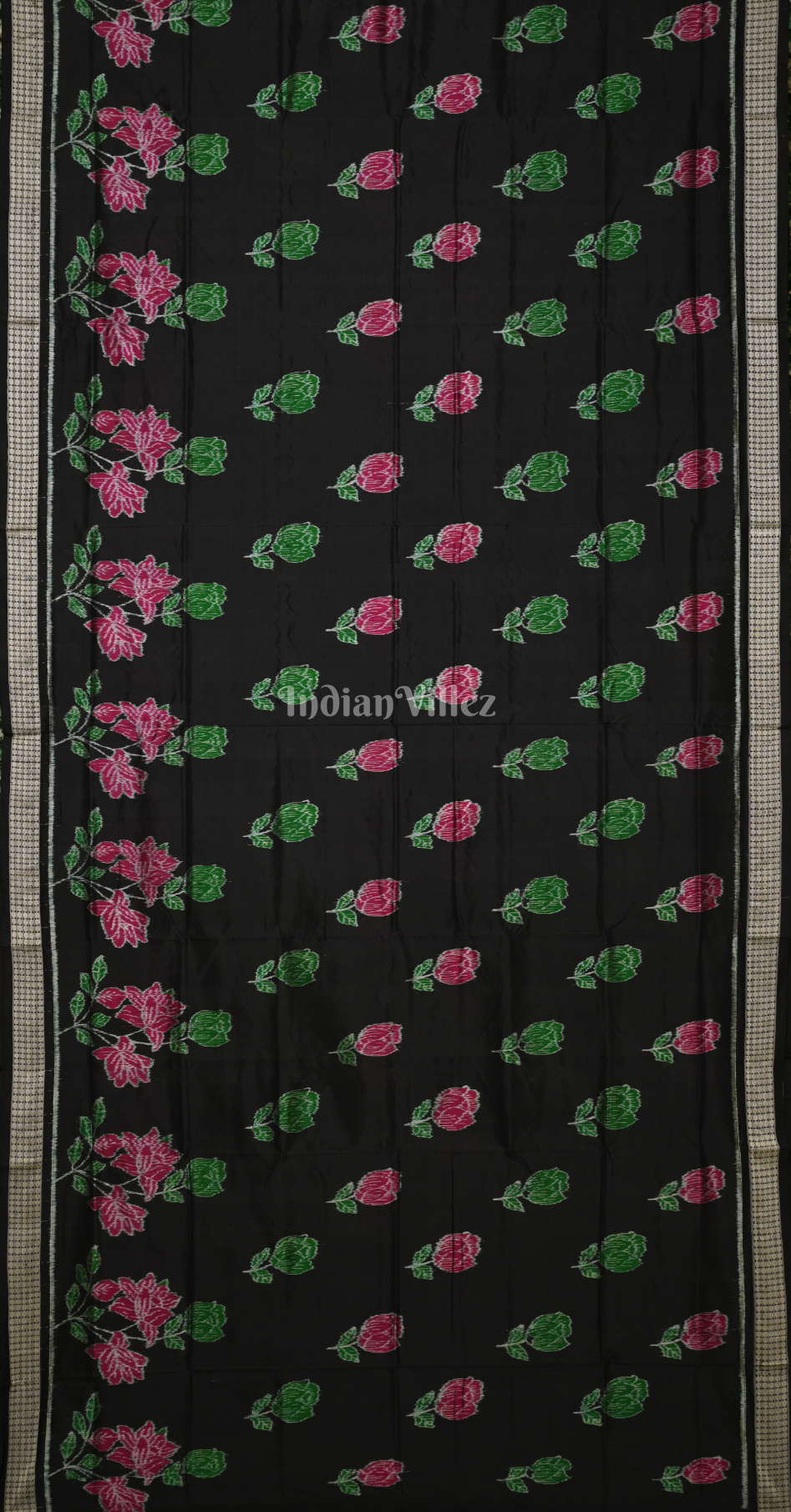 Black Rose Design Odisha Ikat Sambalpuri Silk Saree 