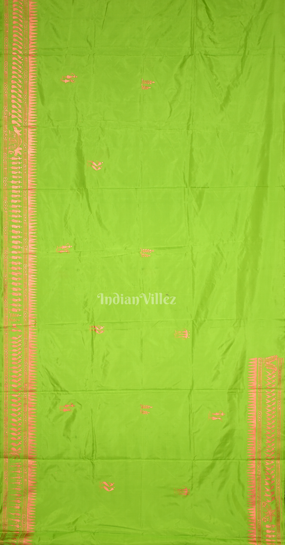 Parrot Green Tribal Konark Chakra Hand-Painted Pattachitra Saree